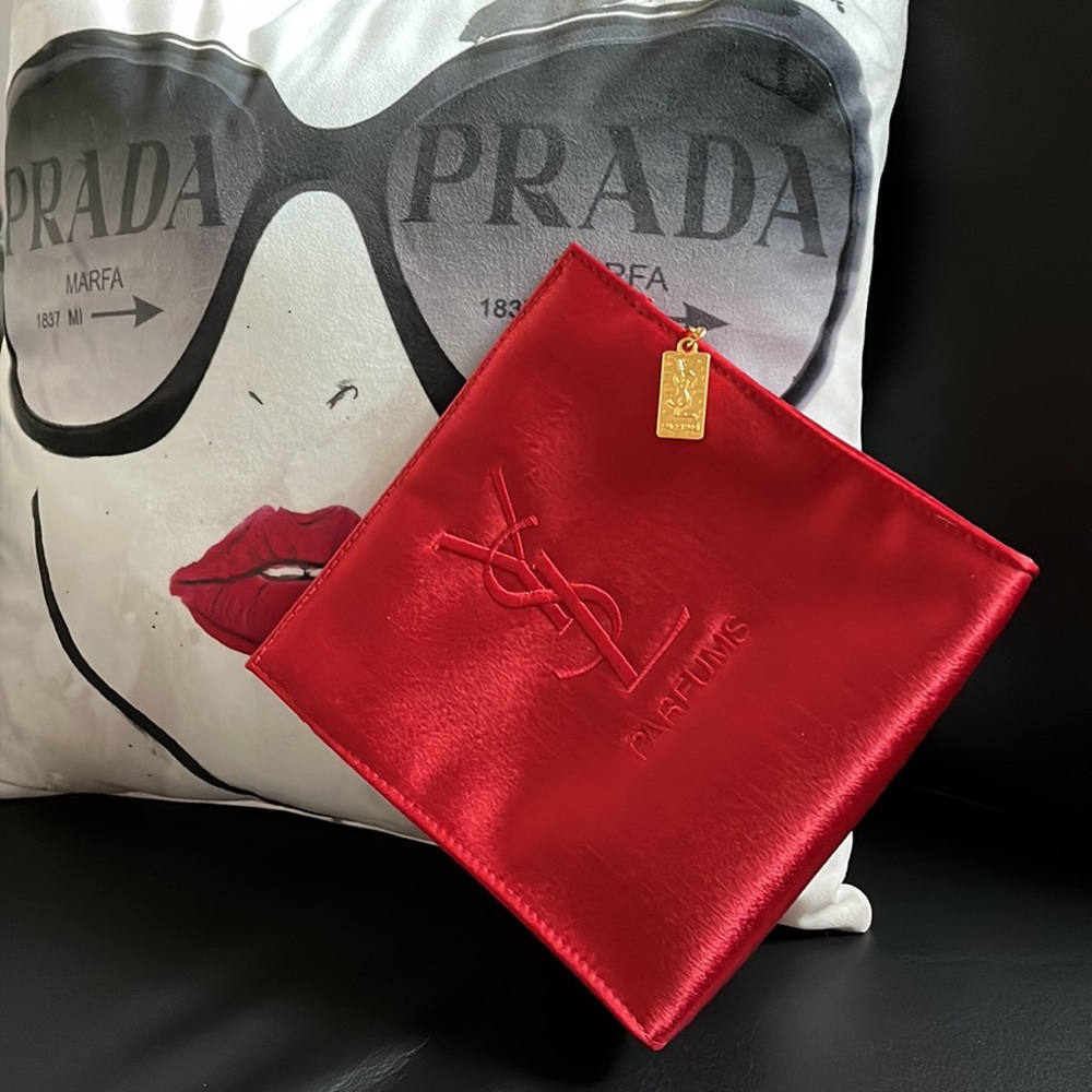 YSL Saint Laurent Red Satin Makeup Cosmetic Clutch Bag